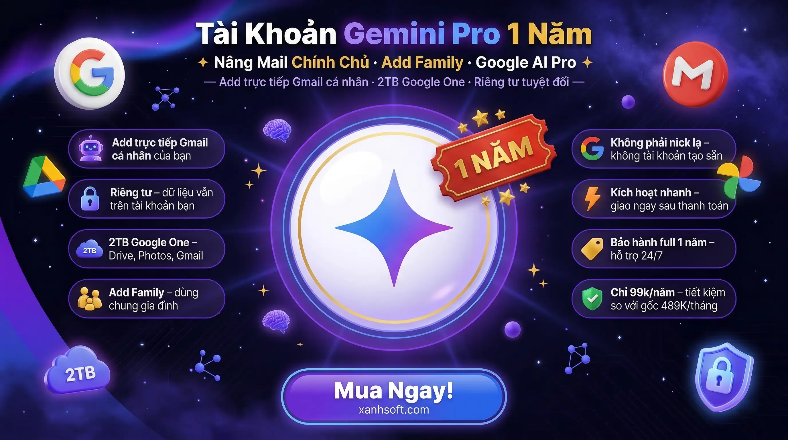 Tài Khoản Gemini Pro 1 Năm Nâng Mail Chính Chủ Add Family